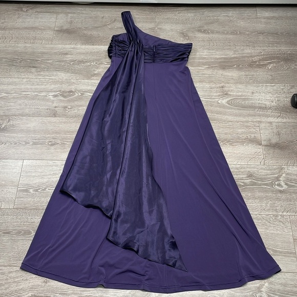David’s Bridal One Shoulder Long Jersey Dress with Cascade Back Lapis Purple 8 - Picture 15 of 16